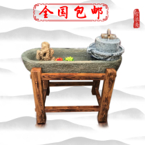 Old stone trough running water combination Outdoor garden flower pot Fish tank landscaping wash basin Wooden frame ingot basin running water ornaments