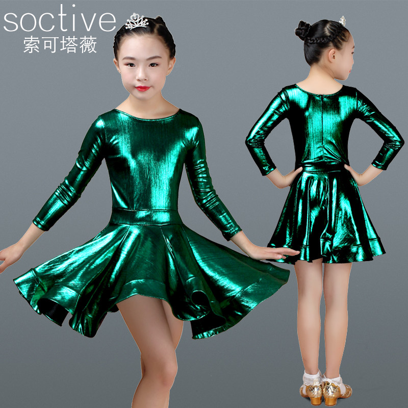 Girls Latin dance skirt children's dance dance clothes 2022 new long-sleeved green performance training clothes autumn and winter