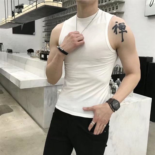 Anh chàng cao cổ áo không tay cao cổ áo thun nam Skinny skinny Slim xu hướng áo sơ mi rắn rỏi màu sắc hoang dã vest - Lót áo thể dục