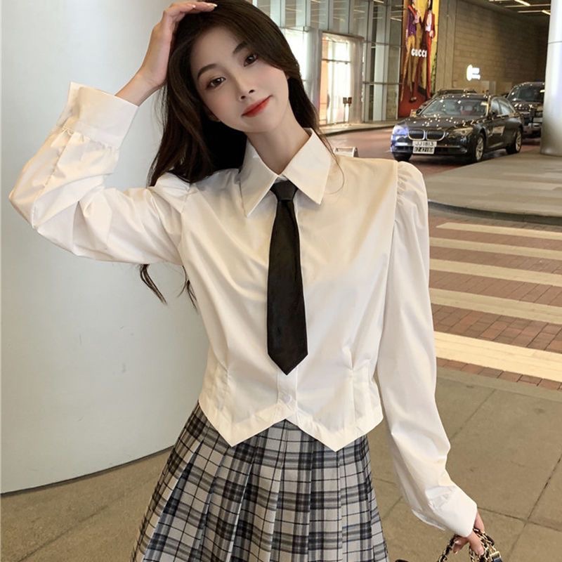 White Long-Sleeved Slim-Fit Short Shirt for Women with Tie, Korean Style, Irregular Hem, Slimming, Versatile Trendy Shirt