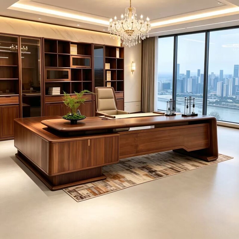 New Chinese-Style Executive Desk, Walnut Wood Office Desk and Chair, Ceo Desk with Side Cabinet, Chairman's Ebony Wood Solid Wood Executive Desk