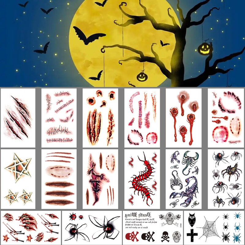 16 Halloween Fake Scar Spider Temporary Disposable Water Transfer Tattoo Stickers for Men and Women for Funny Party Activities