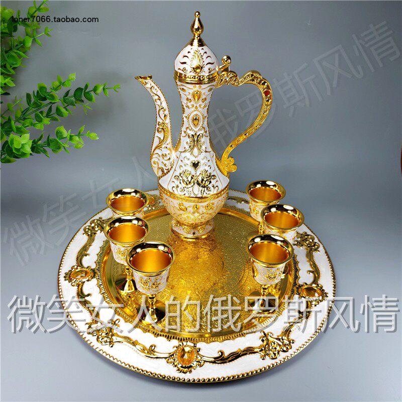 Special Russian R - 2 tin metal wine 8 pieces set of round pot high - foot cup tray beige rose orange diamond