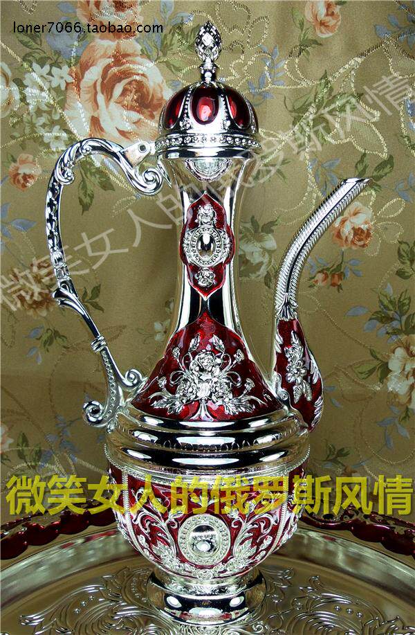 New 3 Russian tin-made metal round wine jug silver red rose flower capacity 9 Two 450 ml Yazuostyle