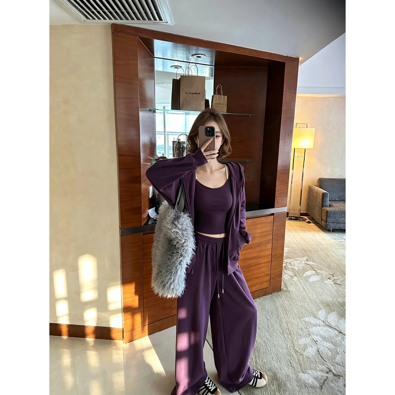 Autumn Outfit: a Complete Set of High-End Korean-Style Youthful Casual Sports Knit Hooded Jacket and Wide-Leg Pants Two-Piece Set Autumn Outfit: a Complete Set of High-End Korean-Style Youthful Casual Sports Knit Hooded Jacket and Wide-Leg Pants Two-Piece Set