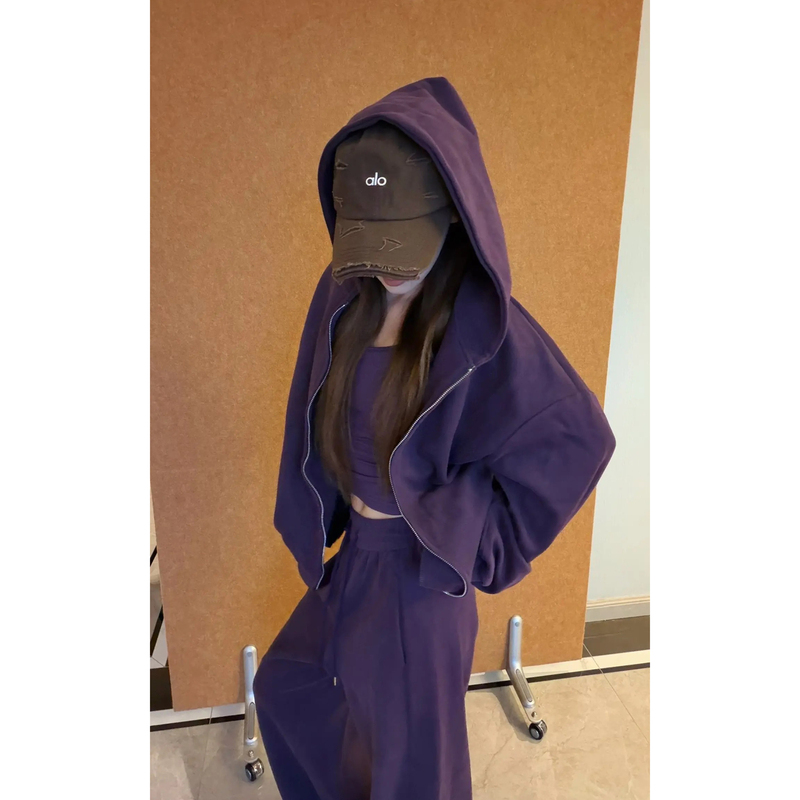 2026 Purple Hooded Sweatshirt for Women, Spring American Style Loose Slimming Zipper Cardigan Jacket and Pants Set 2026 Purple Hooded Sweatshirt for Women, Spring American Style Loose Slimming Zipper Cardigan Jacket and Pants Set