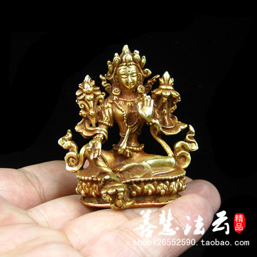Nepalese handmade gilt tantra, green Tara small Buddha statue, portable height 5 8CM