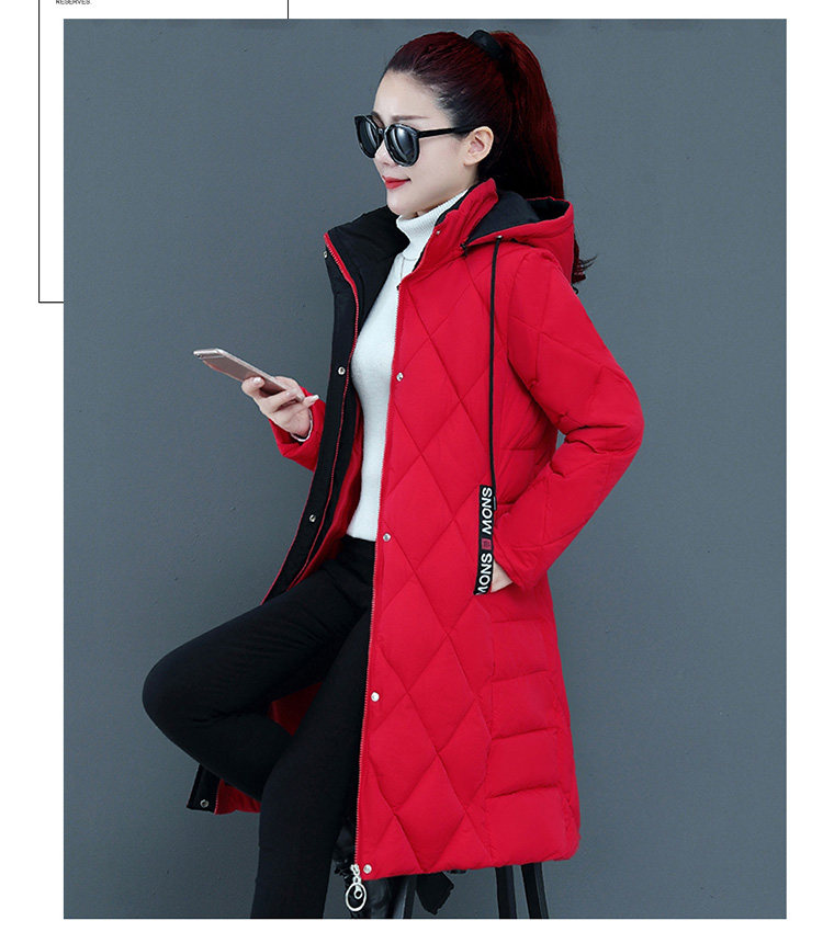新款撞色棉衣女过膝中长款加厚修身显瘦菱形格大码外套冬详情16
