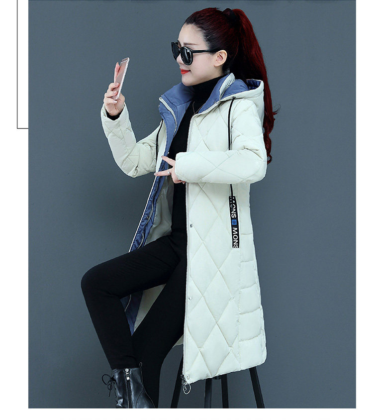 新款撞色棉衣女过膝中长款加厚修身显瘦菱形格大码外套冬详情24
