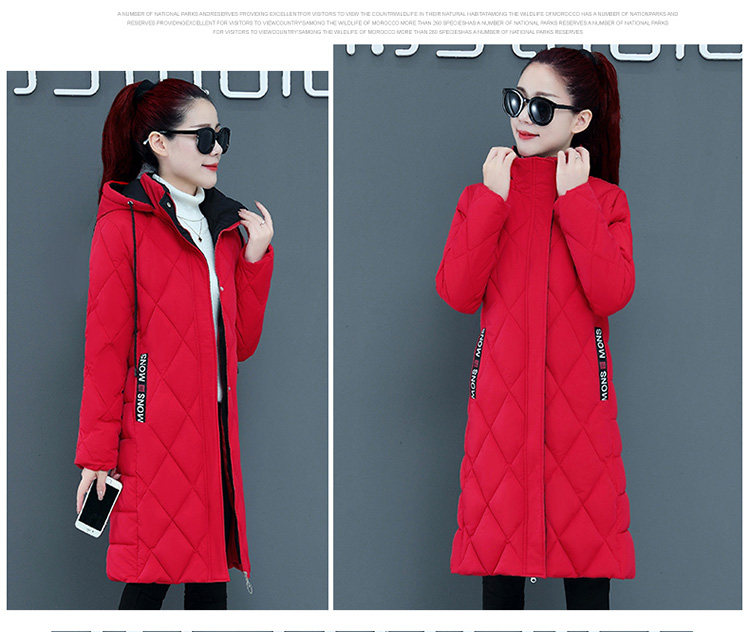 新款撞色棉衣女过膝中长款加厚修身显瘦菱形格大码外套冬详情17