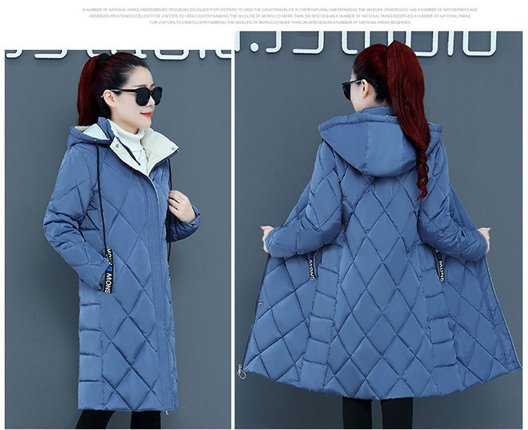 新款撞色棉衣女过膝中长款加厚修身显瘦菱形格大码外套冬详情13