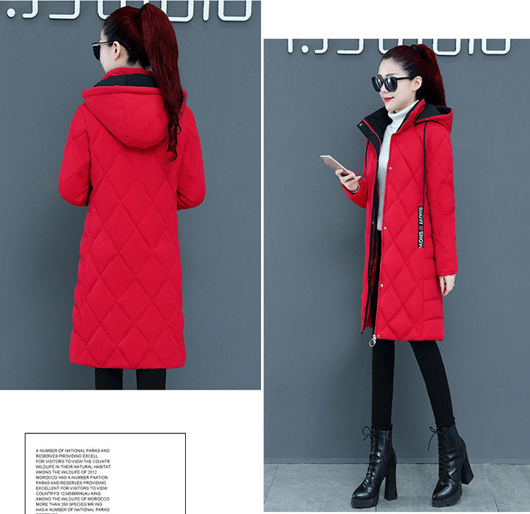 新款撞色棉衣女过膝中长款加厚修身显瘦菱形格大码外套冬详情15