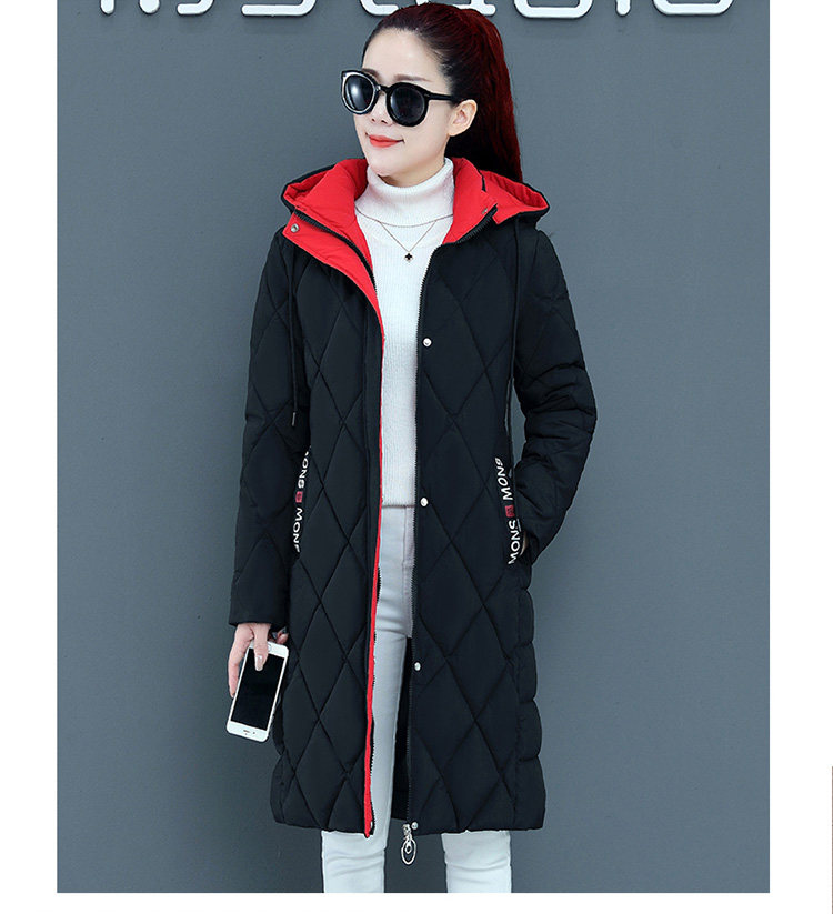 新款撞色棉衣女过膝中长款加厚修身显瘦菱形格大码外套冬详情18