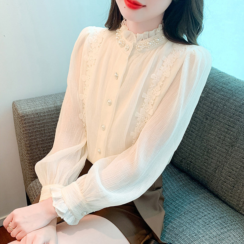Женская шифоновая рубашка с длинными рукавами и кружевным низом во французском стиле, осенне-зимняя новая стильная женская блузка больших размеров