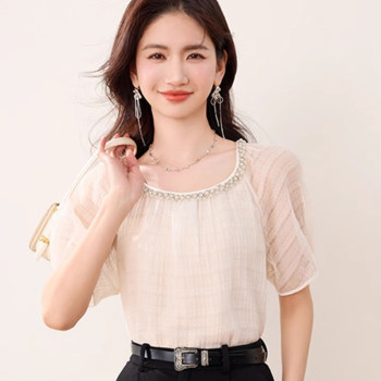 Square collar ຂະຫນາດໃຫຍ່ແມ່ຍິງ lace top summer 2025 ຮູບແບບໃຫມ່ chiffon ເສື້ອຢືດແຂນສັ້ນແບບອະເນກປະສົງ