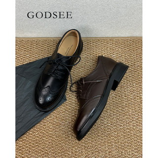 Godsee 3cm Top Layer Cowhide British Style Lace-Up Brogue Oxford Shoes Loafers Chunky Heel Single Shoes for Women