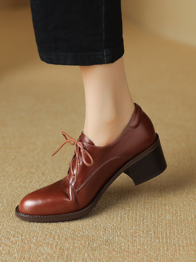 Pointed Toe Deep-Cut Single Shoes for Women, Genuine Leather Lace-Up Chunky Heel Loafers, Black Versatile Oxford Mid-Heel British Style Small Leather Shoes