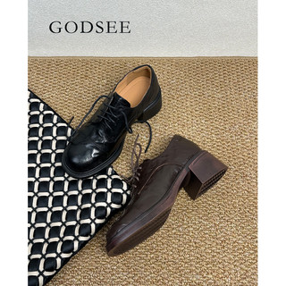 Godsee 5cm Thick-Soled Loafers for Women, Genuine Leather Lace-Up Derby Shoes, Chunky Heel, Deep-Cut Single Shoes, British Style Small Leather Shoes