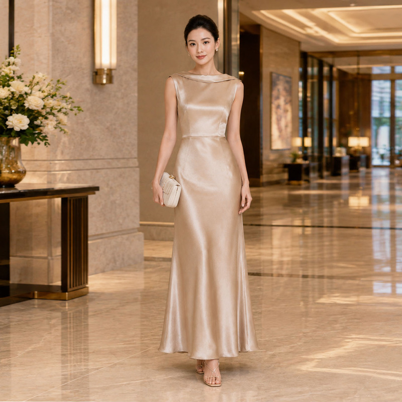 French Haute Couture Acetate Satin Design Niche Dress for Women, Socialite Daughter, Slimming, Elegant, Banquet Evening Dress