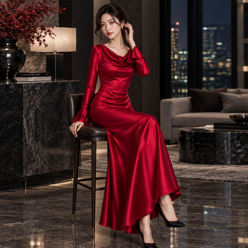 Acetate Satin Flared Collar Bell-Sleeve Dress for Women, Light Luxury, High-End Feel, Hostess, Nightclub, Model, Banquet Evening Dress