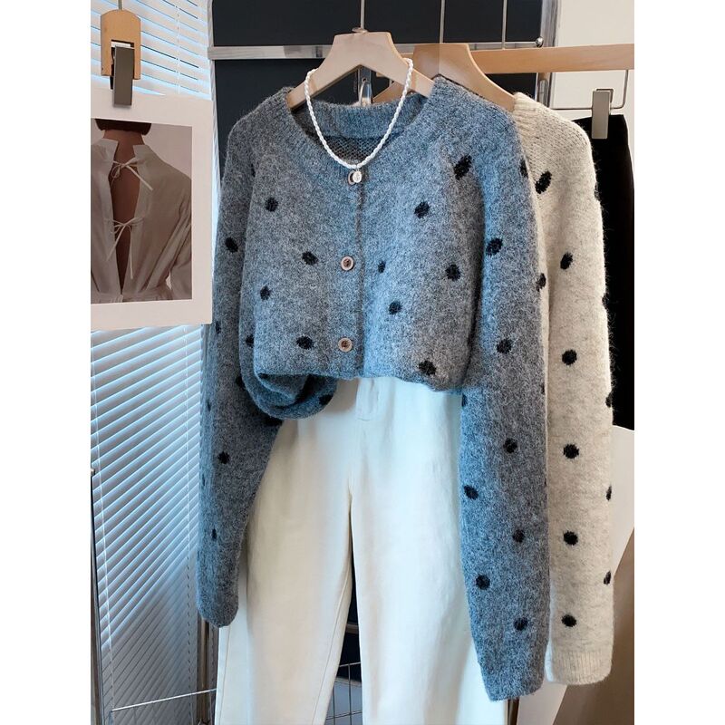 Korean-Style Gentle Polka Dot Sweater Jacket for Women, Simple Round Neck, Casual Versatile Short Knit Cardigan for Women Korean-Style Gentle Polka Dot Sweater Jacket for Women, Simple Round Neck, Casual Versatile Short Knit Cardigan for Women