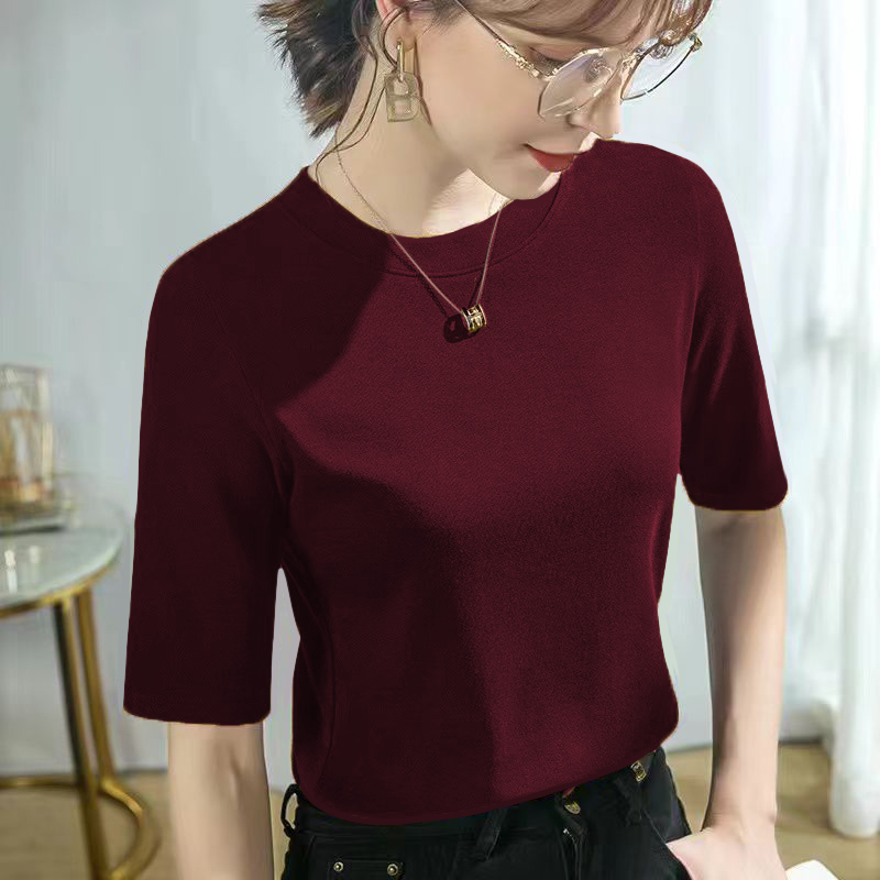 92% Cotton Ribbed Mid-Sleeve T-Shirt for Women, New Summer Style, Round Neck, Versatile, Slimming, Fitted, Three-Quarter Sleeve Base Shirt, Women's T-Shirt