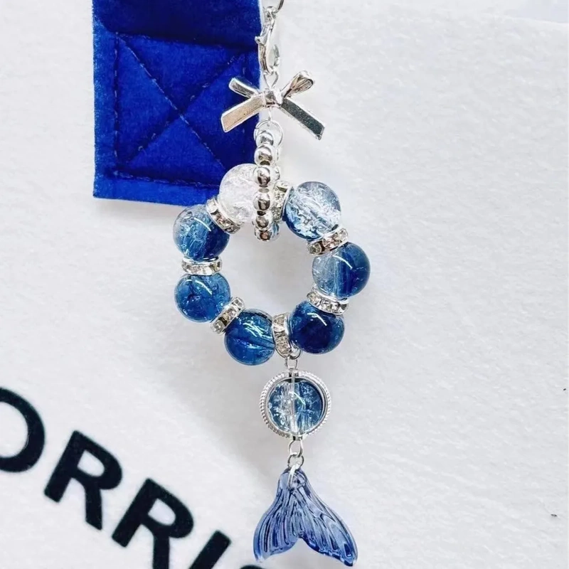 【Come with a Blue Fish Tail】Mermaid in Distress Phone Chain Pendant Beaded Bow Deep Sea Pendant Keychain
