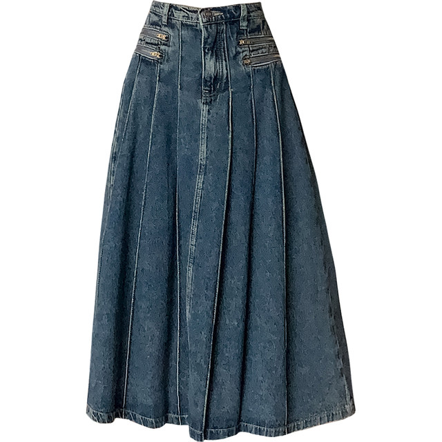 Retro pleated denim skirt women's summer 2023 new design sense zipper high waist slim cover cross A-line skirt