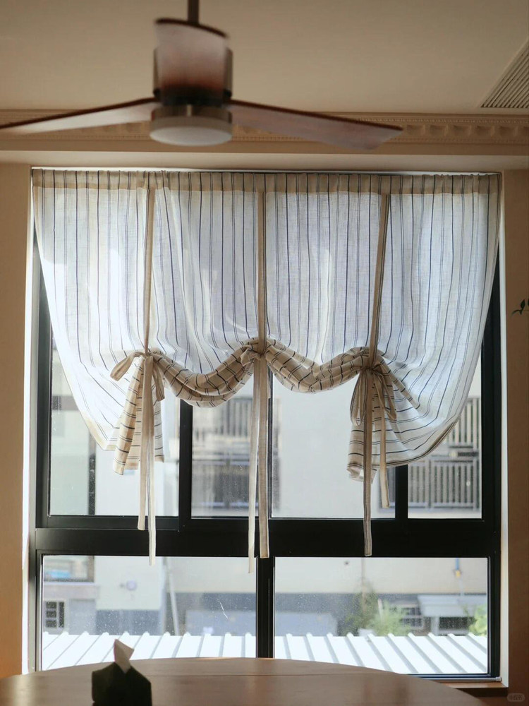 Blue Stripe Linen Blend Tie-Up Roman Shade Curtain