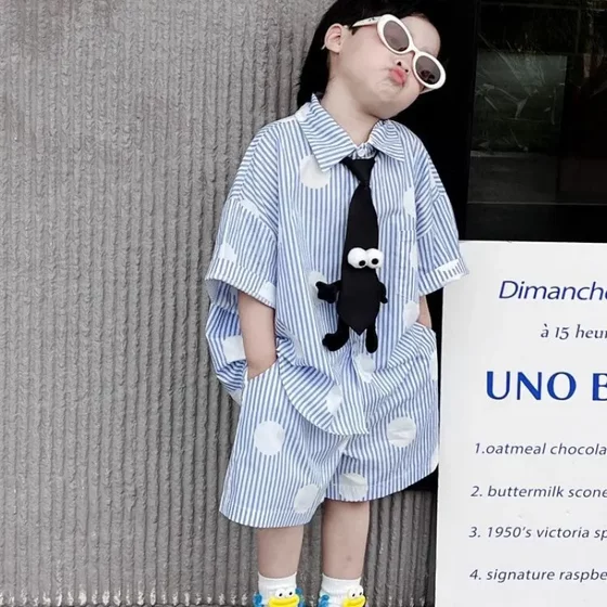 
Children's clothing 2025 summer boy suit set 2025 summer new style college short-sleeved children's handsome dress shirt