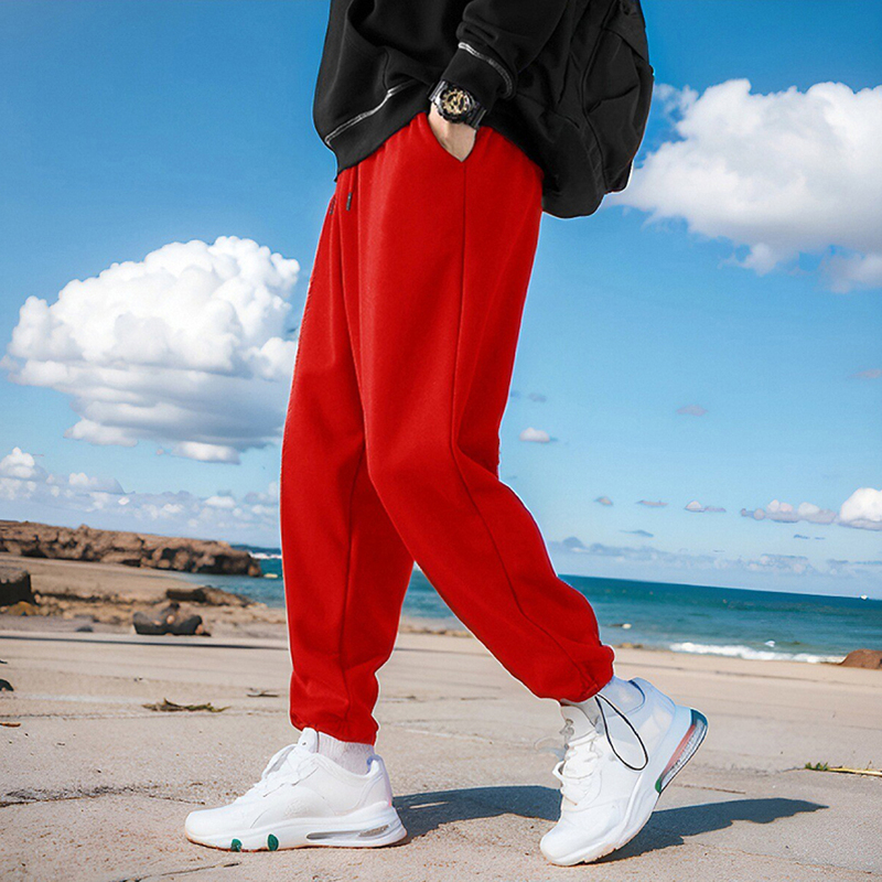 Autumn and Winter Pants for Men and Women, Chinese Red Cotton Elastic Casual Spring and Summer Sweatpants, Loose Fit, Student Adjustable Buckle Cuffed Trendy Pants