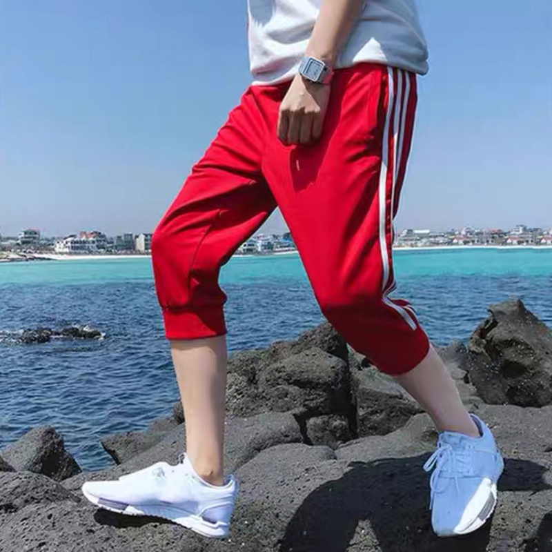 Summer Unisex Sports Pants, Cropped Pants with Unique Three-Stripe Design, Jogger-Style Straight-Leg Red Shorts for the Year of Birth, Trendy Summer Unisex Sports Pants, Cropped Pants with Unique Three-Stripe Design, Jogger-Style Straight-Leg Red Shorts for the Year of Birth, Trendy