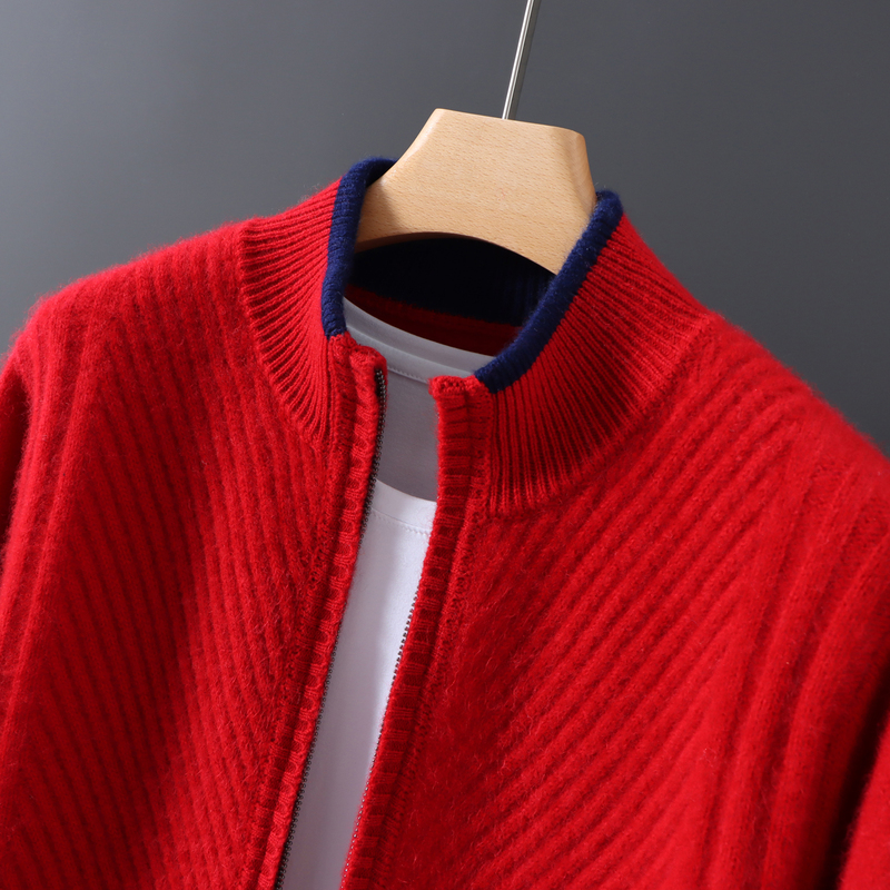 New Year Red Thickened Zipper Cashmere Cardigan for Men, Half-High Collar, Atmospheric Sweater, 100% Pure Wool Knitted Jacket New Year Red Thickened Zipper Cashmere Cardigan for Men, Half-High Collar, Atmospheric Sweater, 100% Pure Wool Knitted Jacket