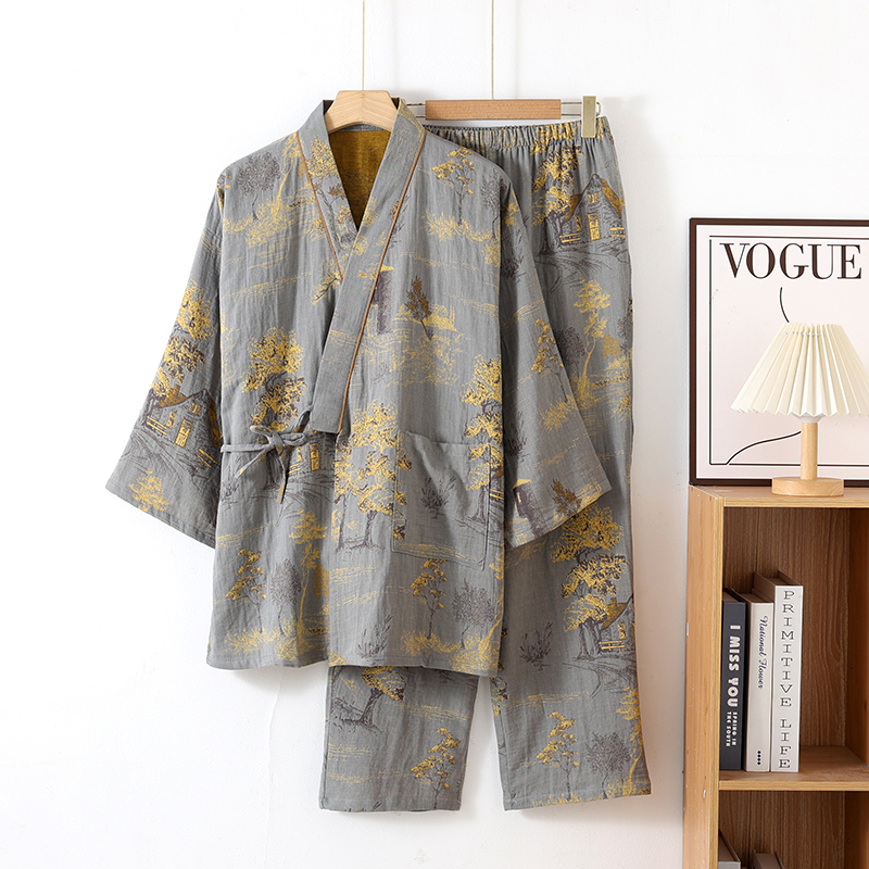 Spring and Autumn Chinese Han Dynasty Men's Home Clothes Set Pure Cotton Yarn-Dyed Jacquard Gauze Pajamas Kimono Yukata Sweat Steaming Suit