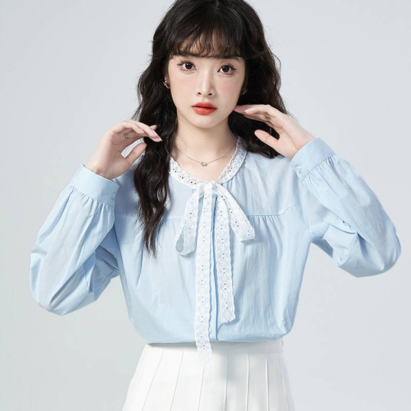 2026 New Design Lace-Up Light Blue Shirt for Women, Long-Sleeved, Versatile, High-End, Elegant Layering Top for Autumn 2026 New Design Lace-Up Light Blue Shirt for Women, Long-Sleeved, Versatile, High-End, Elegant Layering Top for Autumn