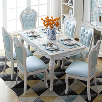 European-style solid wood marble dining table and chair combination Modern simple rectangular household dining table Simple European small apartment dining table