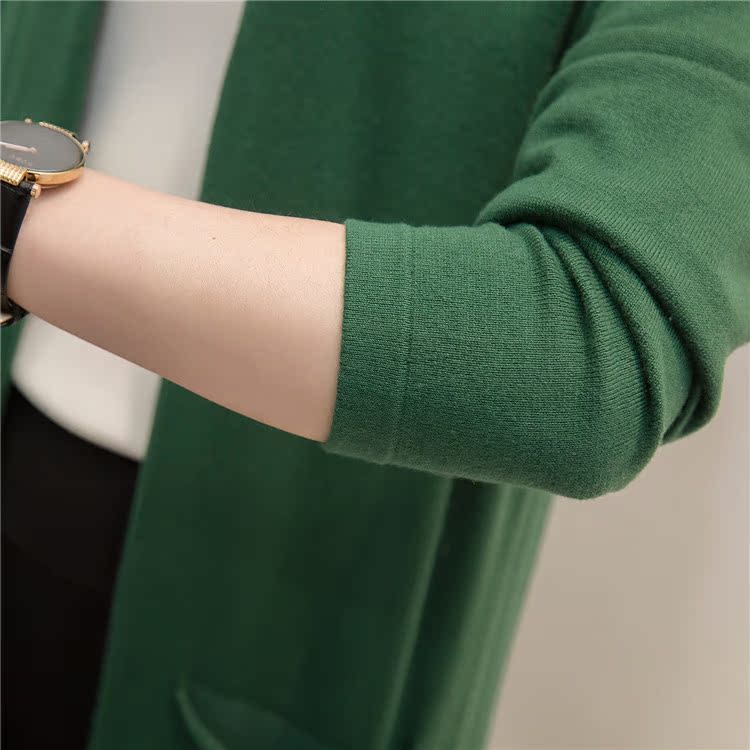 Mùa xuân và dài lỏng lẻo áo len mỏng đan áo len cổ chữ V màu rắn túi áo dài kích thước lớn áo len mỏng