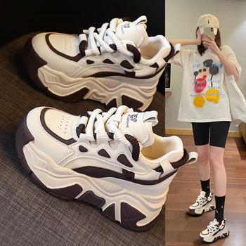 Women's Height-Increasing Dad Shoes 2025 Autumn and Winter New Style Fleece-Lined Popular Genuine Leather Lightweight Soft-Soled Thick-Soled Casual Sneakers