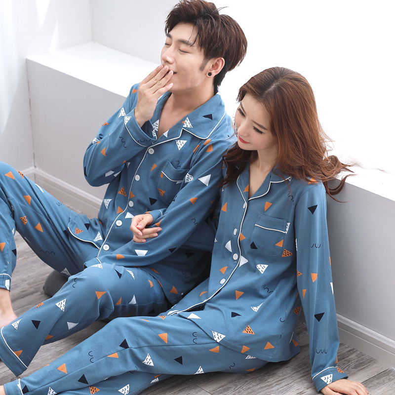 2025 New Couple Pajamas Spring and Autumn Long-Sleeved Pure Cotton Cardigan One for Men and One for Women Can Be Worn Outside Set Home Wear