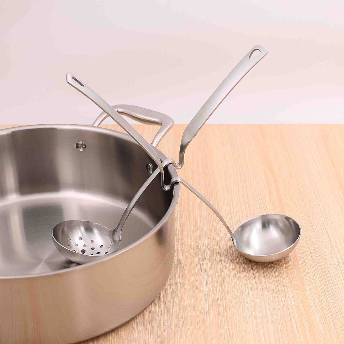 Thickened 304 Stainless Steel Soup Spoon Hot Pot Spoon Drain Spoon Large Soup Crust Long Handle Hot Pot leaky spoon suit Soup Porridge Spoon