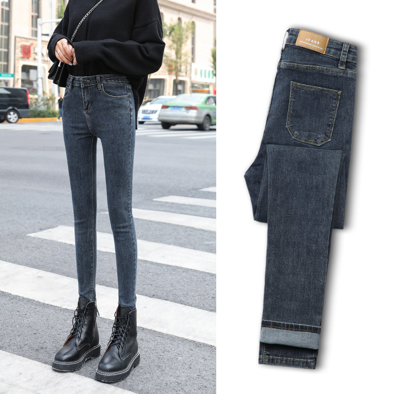 Hong Kong 2022 spring new large size Korean version of the body 100 hitch smoke pipe trousers female plus suede jeans high waist display slim damp