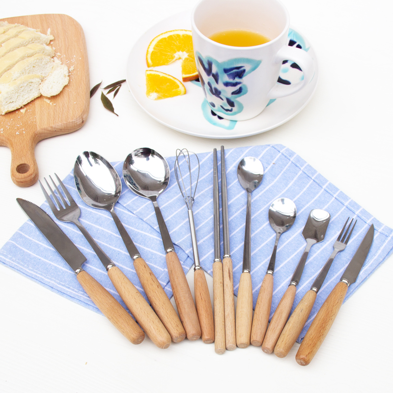 Japanese creative wooden handle portable stainless steel tableware wooden handle fruit fork chopsticks spoon steak knife spoon set