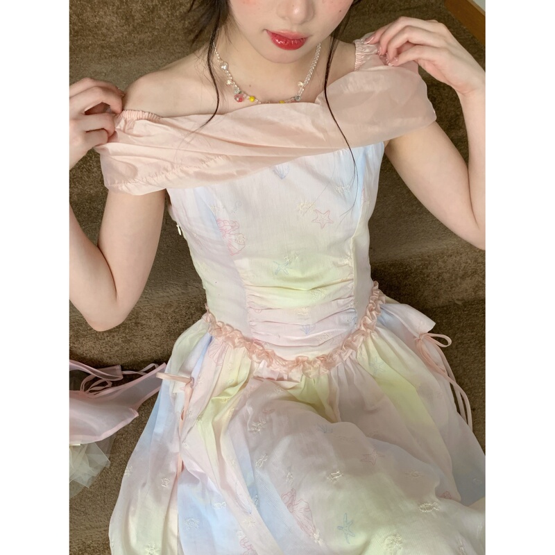 Ruan Ruan LAOSHU Dreamy Flow One-Shoulder Gradient Color Dress Women's Summer Gentle and Sweet Embroidered Waist-Cinching Long Dress