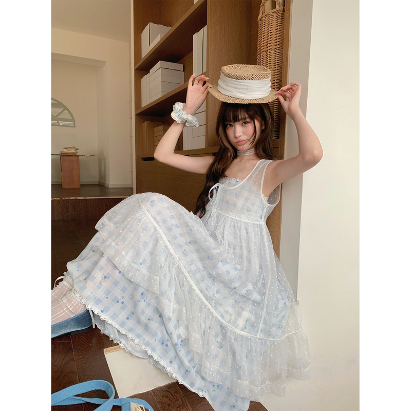 Ruan Ruan LAOSHU Blue Mist Dreamy Style Vest Lace Cover-Up Dress Layered Blue Plaid Suspender Dress Two-Piece Set