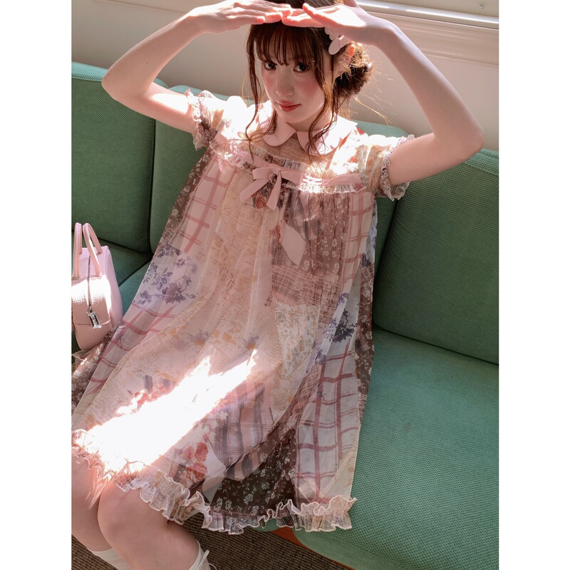 Ruan Ruan LAOSHU Old Painting Collection Preface Retro Atmosphere Fashionable Printed Dress Women's Summer Color-Block Patchwork Short Skirt