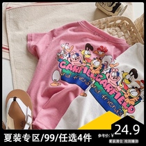 130cm clearance summer new girls boy short sleeve T-shirt cotton loose Children Baby big child cartoon