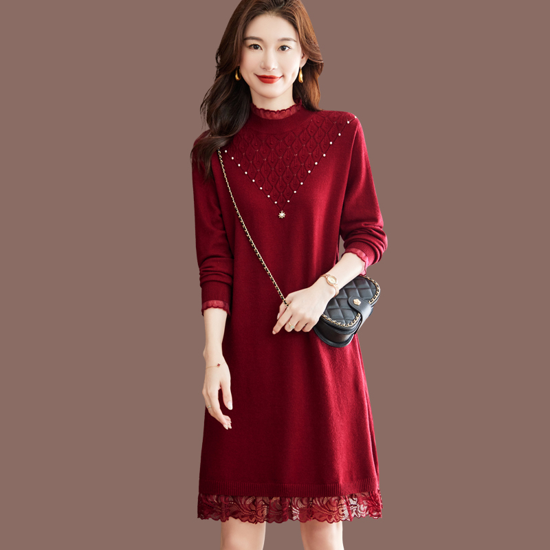 New Autumn and Winter Knitted Dress for Women, Wool Sweater, Mid-Length, Petite, Base Layer, Lace, Young Mom Sweater Dress New Autumn and Winter Knitted Dress for Women, Wool Sweater, Mid-Length, Petite, Base Layer, Lace, Young Mom Sweater Dress