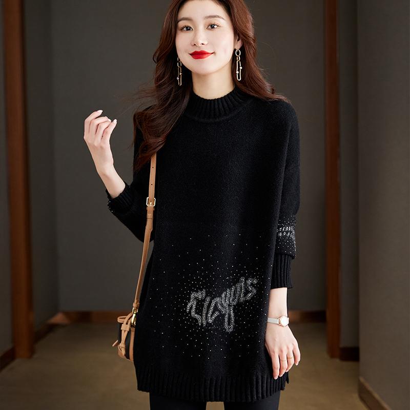 Autumn and Winter Women's New Loose-Fitting Plus-Size Belly-Covering Rhinestone Cashmere Thickened Sweater Mid-Length Wool Knit Base Shirt