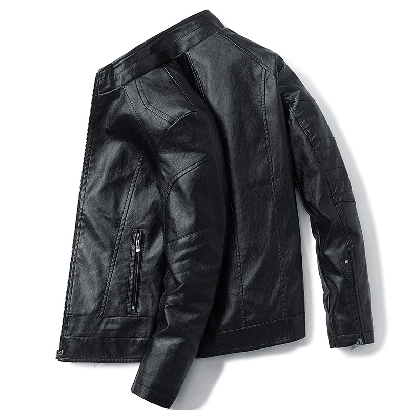 Men's Leather Jacket Spring and Autumn Trendy Brand ins Stylish Biker Jacket Trendy Stand Collar Cycling Jacket Fleece-Lined Leather Jacket