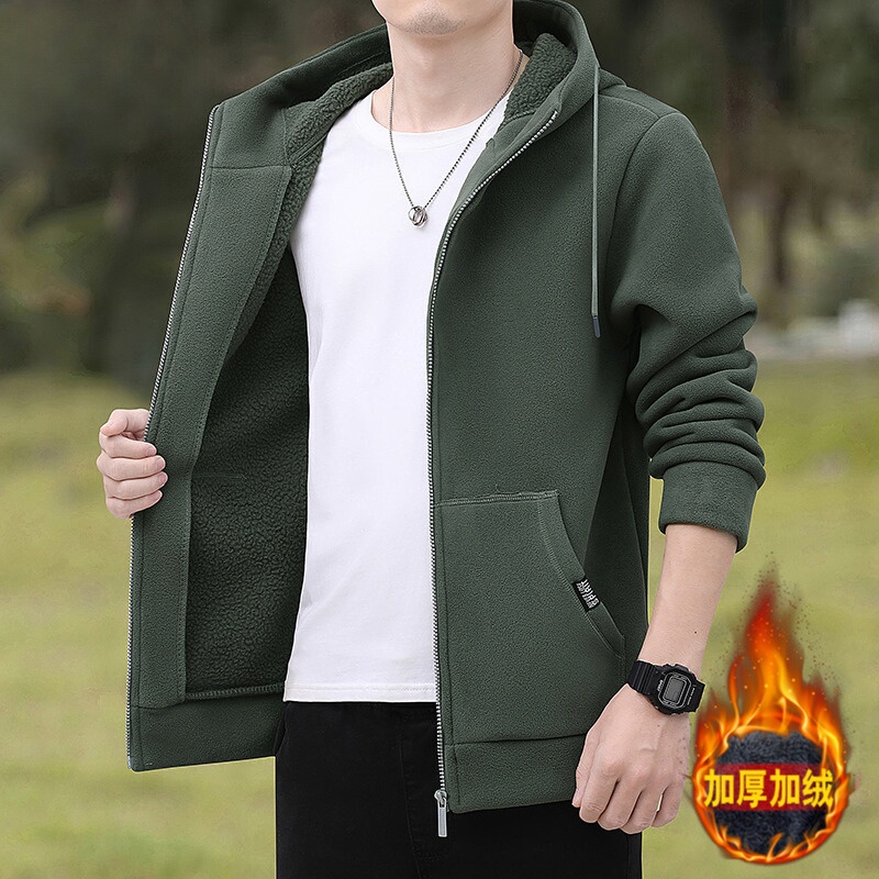 Hooded Cardigan Fleece Sweatshirt for Men, Autumn and Winter, Fleece-Lined, Thickened, Warm Jacket, Outdoor Sports Fleece Jacket